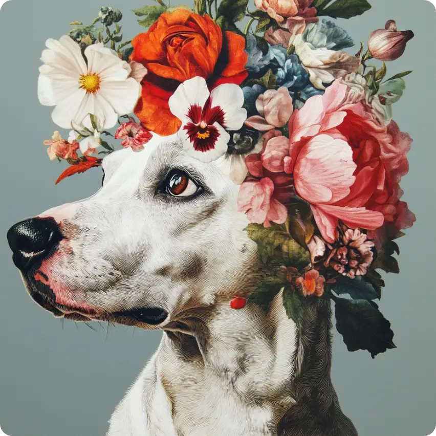 a white dog with a wreath make by dog ai generator