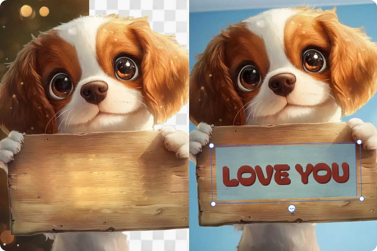 add text to a cartoon dog holding a wood board image