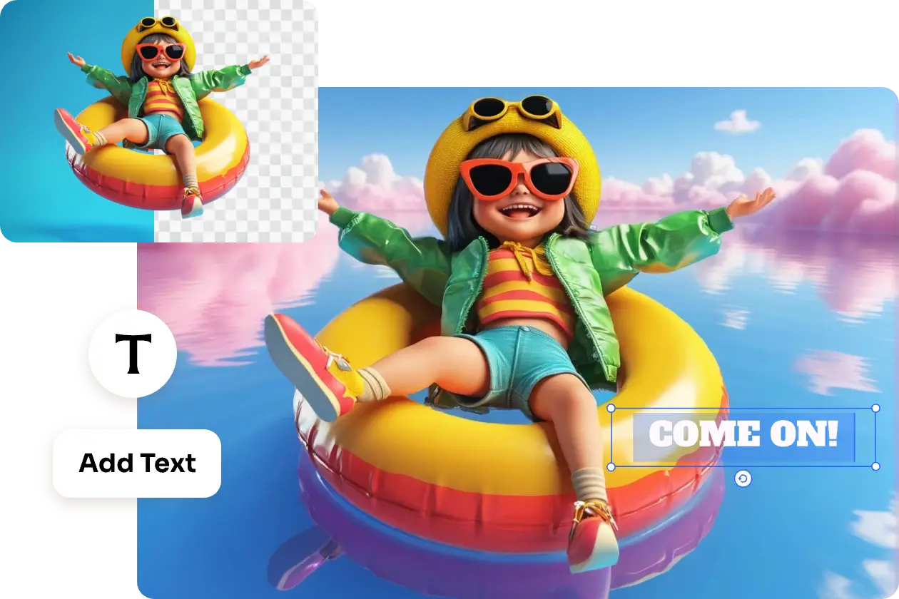 add text to a little girl lying on a swamming ring on a sea surface image with ai ease text editor