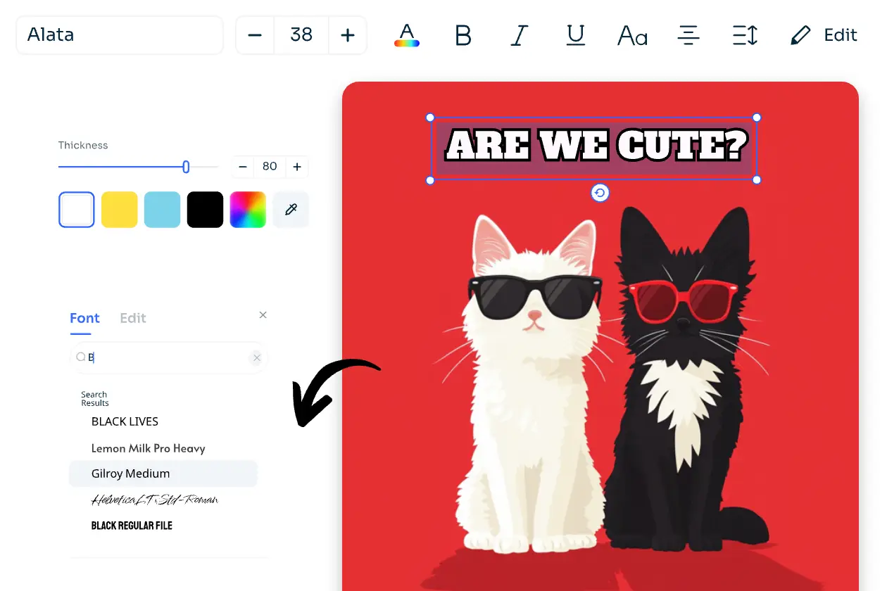 add text to two cats leaning each other image and choose from ai ease text font library