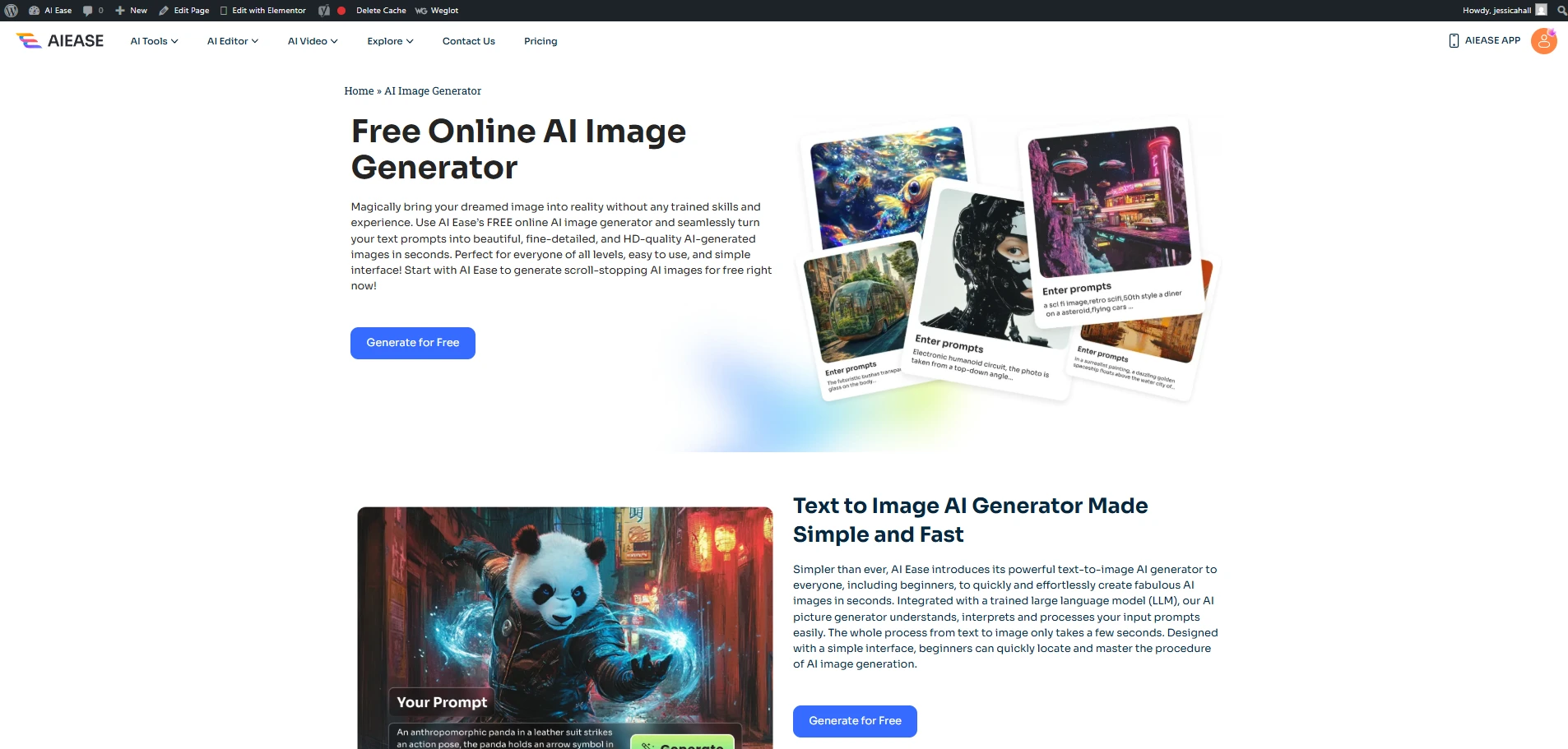 interface of free online ai image generator of ai ease
