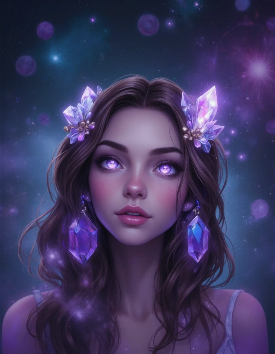 AI girlfriend with violet eyes and crystal accessories