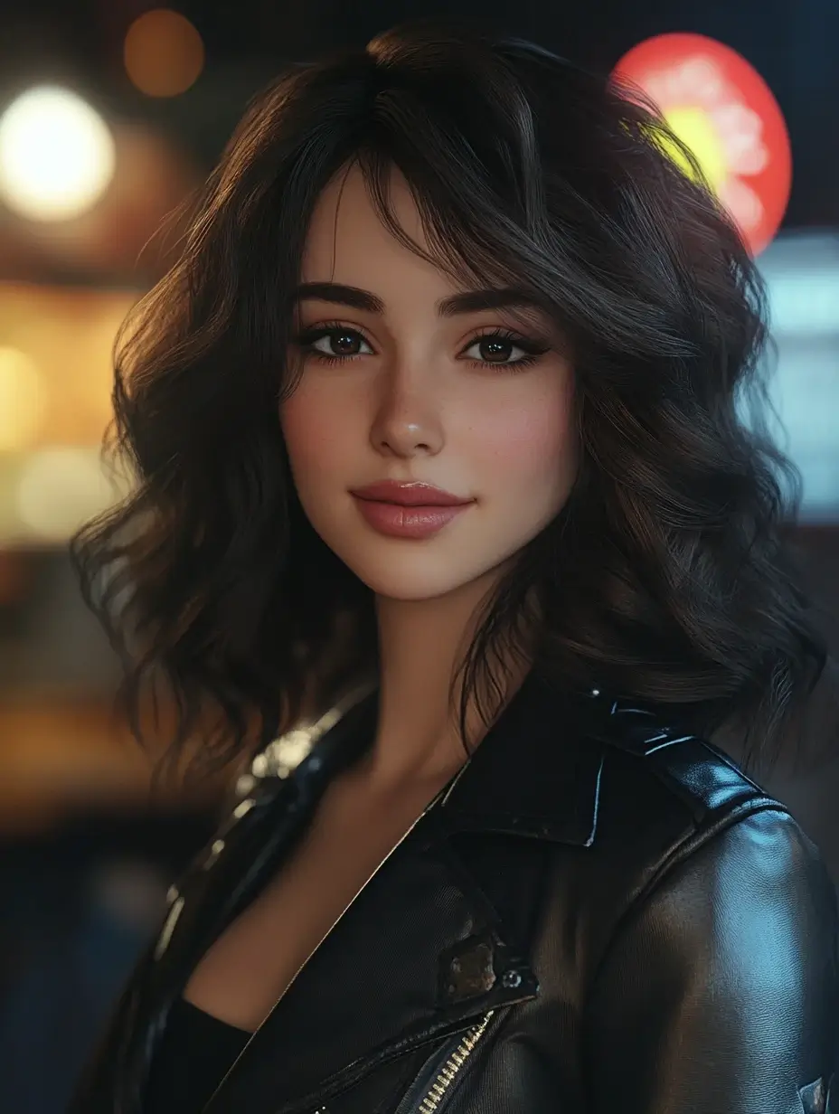 AI girlfriend with wavy brunette hair and leather jacket