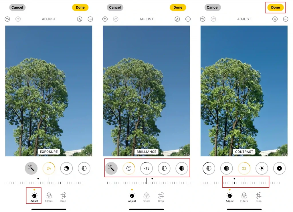 how to adjust photo exposure and brightness and contrasts on iphone