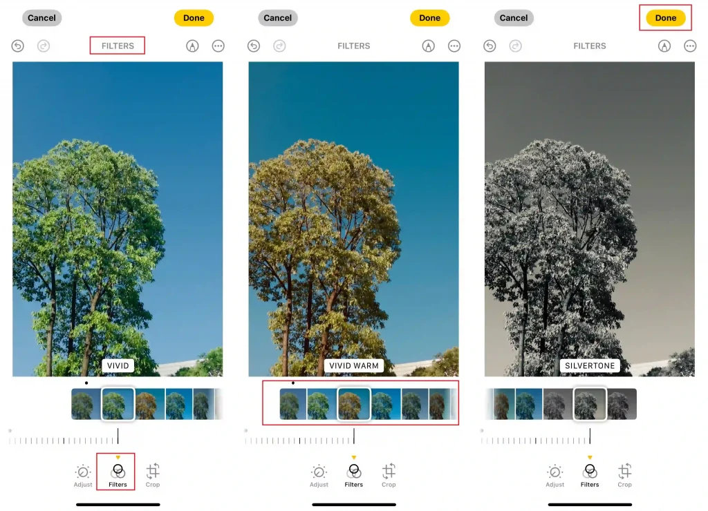 three pictures of how to apply filters on iphone