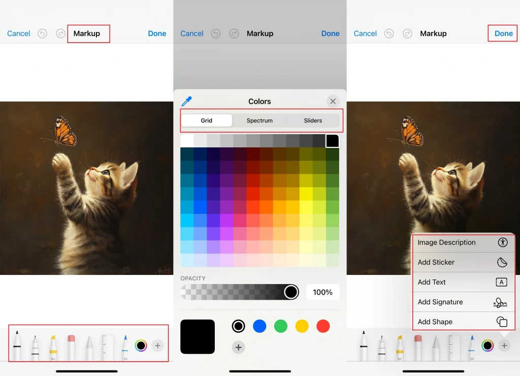 three pictures to display how to markup the picture on iphone