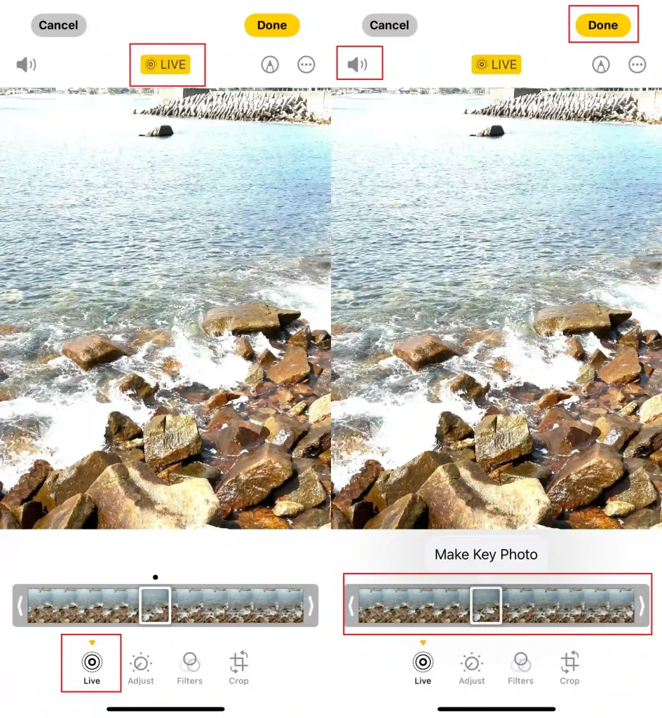 two pictures of editing live photos on iphone