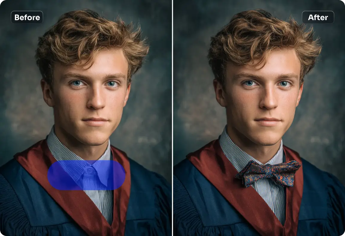 a graduation photo of a curly hair boy wearing a cap and a bowtie generated in ai ease tie photo editor