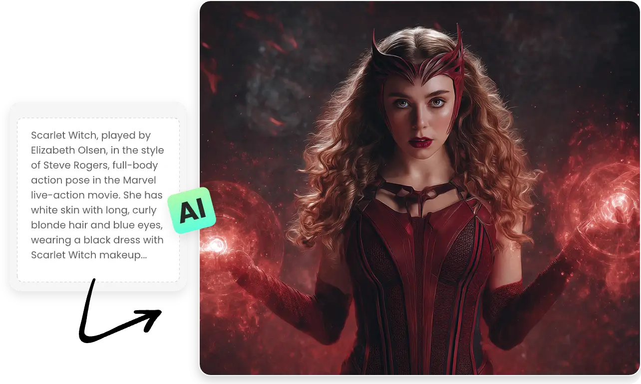 a portrait of a marvel female character in red dress generated by custom prompts made in ai ease marvel character generator