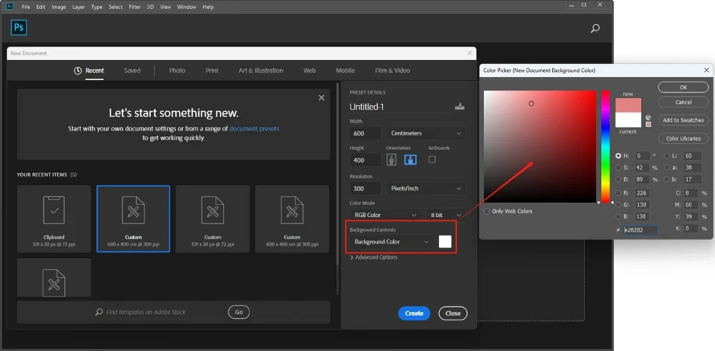 a screenshot of picking a pink color to set as background color in Photoshop