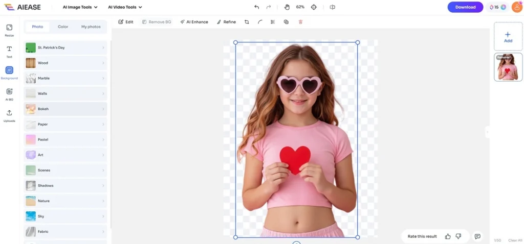 a screenshot of removing background of the girl image with AI Ease