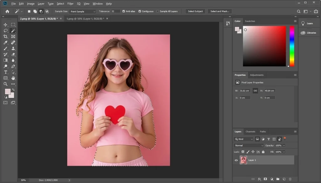 a screenshot of selecting subject of the girl image in Photoshop