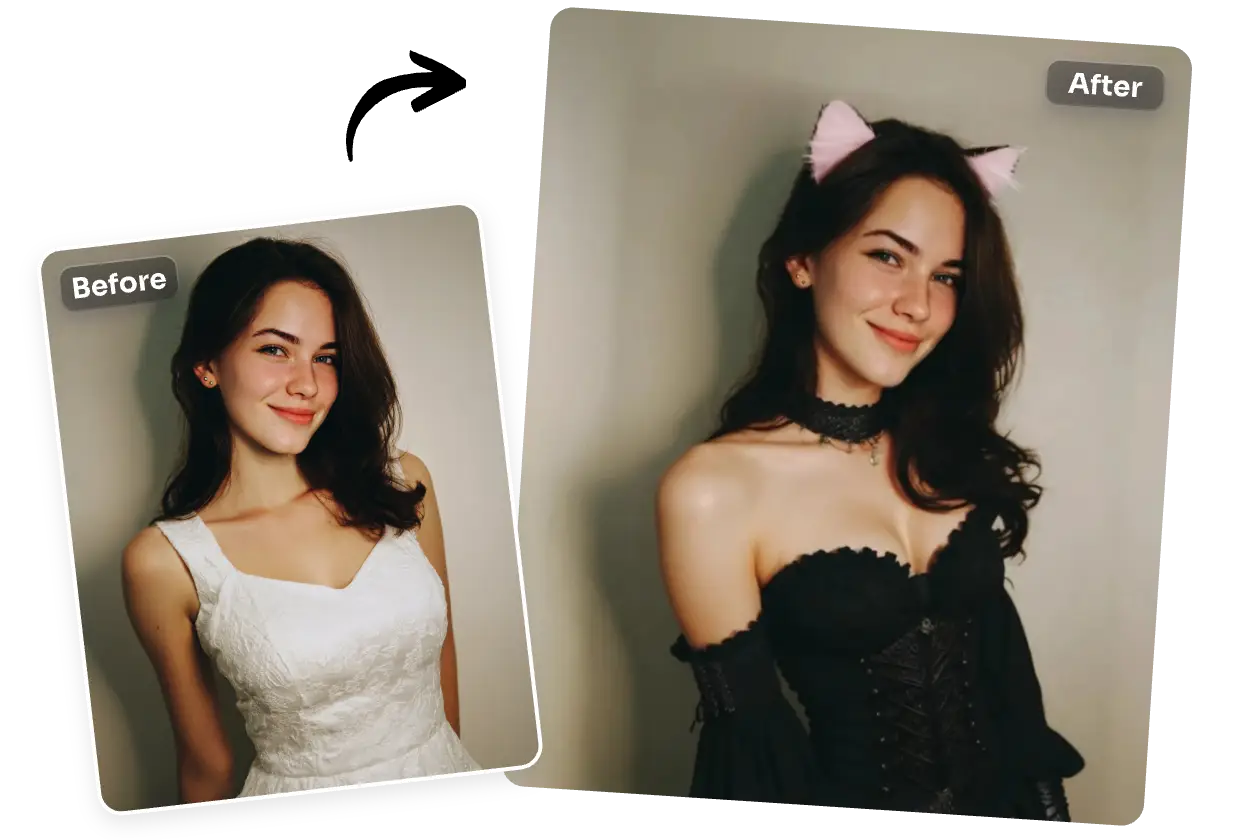before and after comparisons of replacing a girl head with two cat ears and changing her clothes to black party dress