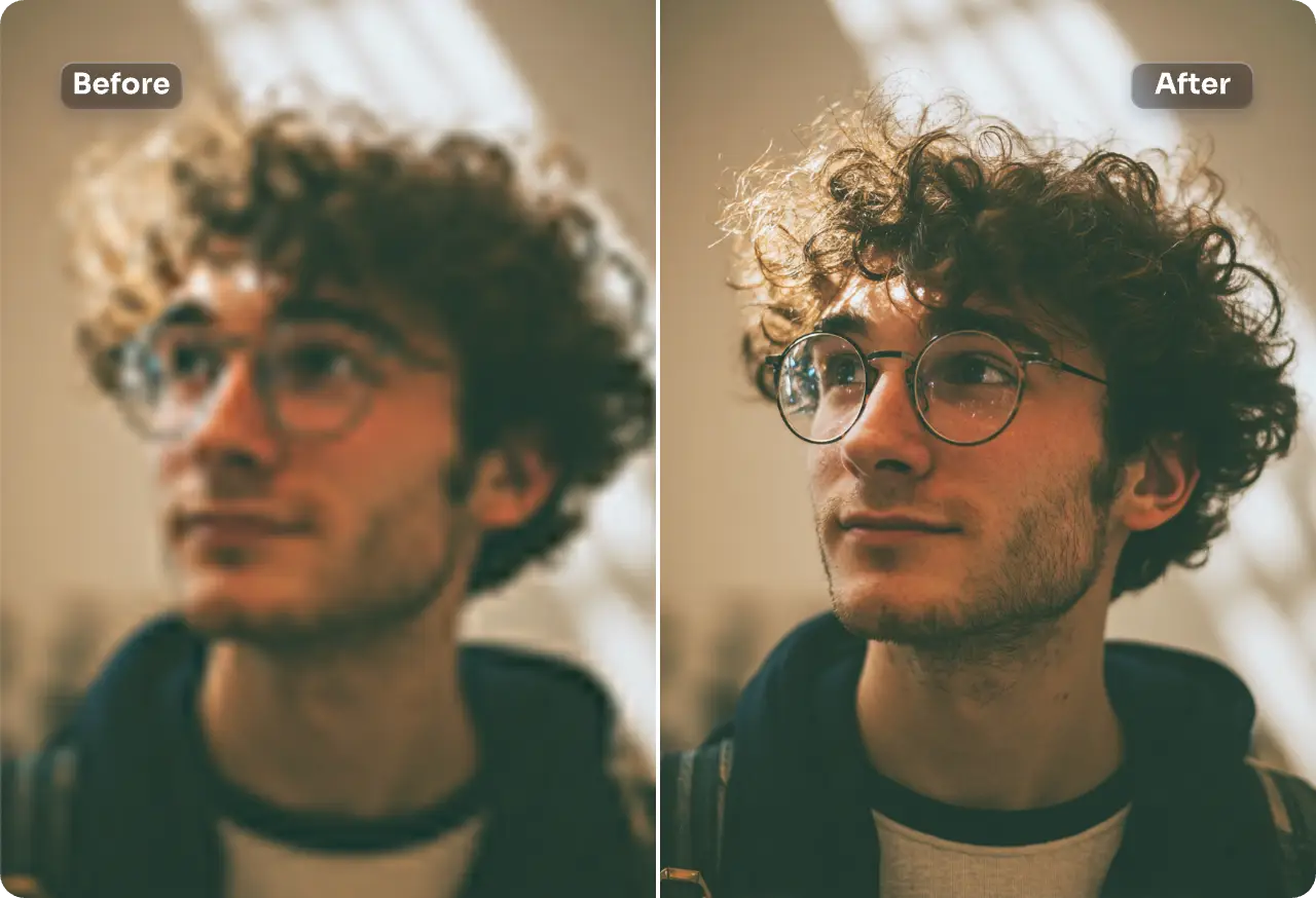 before and after comparison of enhancing face of a curly hair boy wearing glasses image