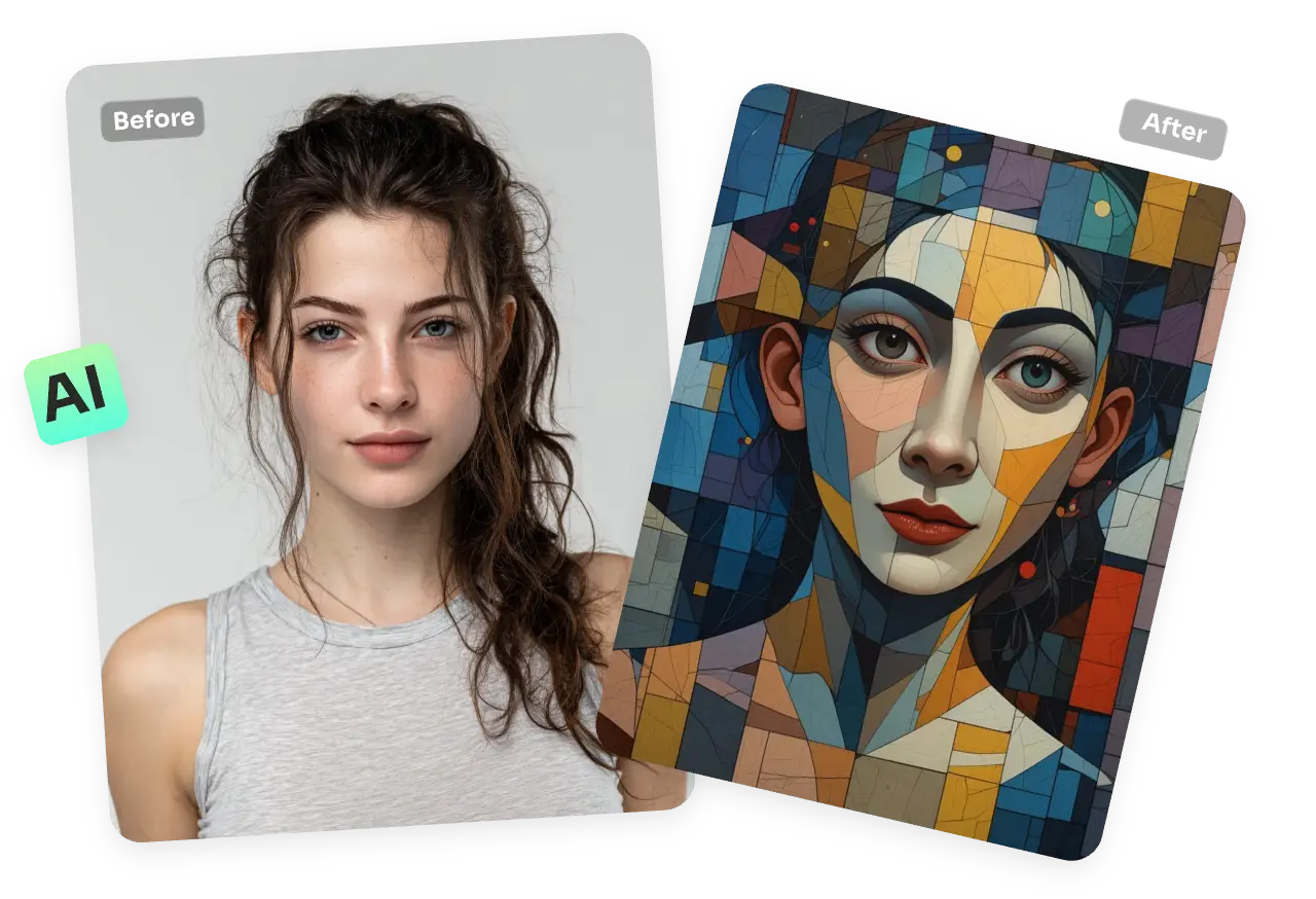 before and after effect of trunning a female photo to ai abstract art with ai ease abstract maker