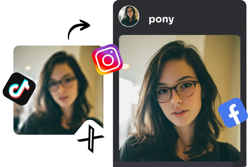 before and after effects of enhancing a blurry woman wearing glasses image and post on social media