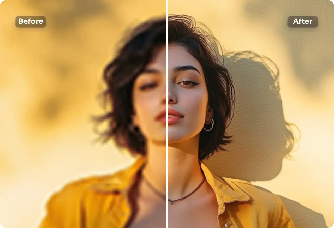 before and after effects of enhancing the face of a short hair lady dressing in yellow shirt lying wall image with ai ease free ai face enhancer