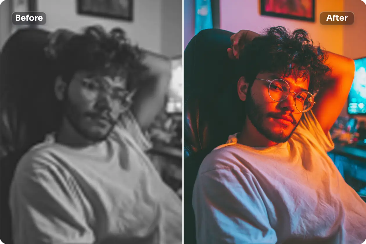 before and after effects of restoring and colorizing a black and white color image of a man sitting on a gaming chair