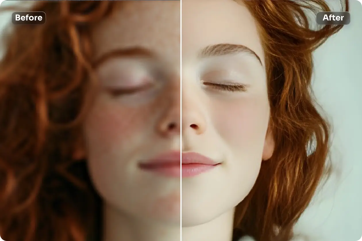 before and after effects of retouching the blemishes on face of a girl closing eyes portrait and enhancing its quality