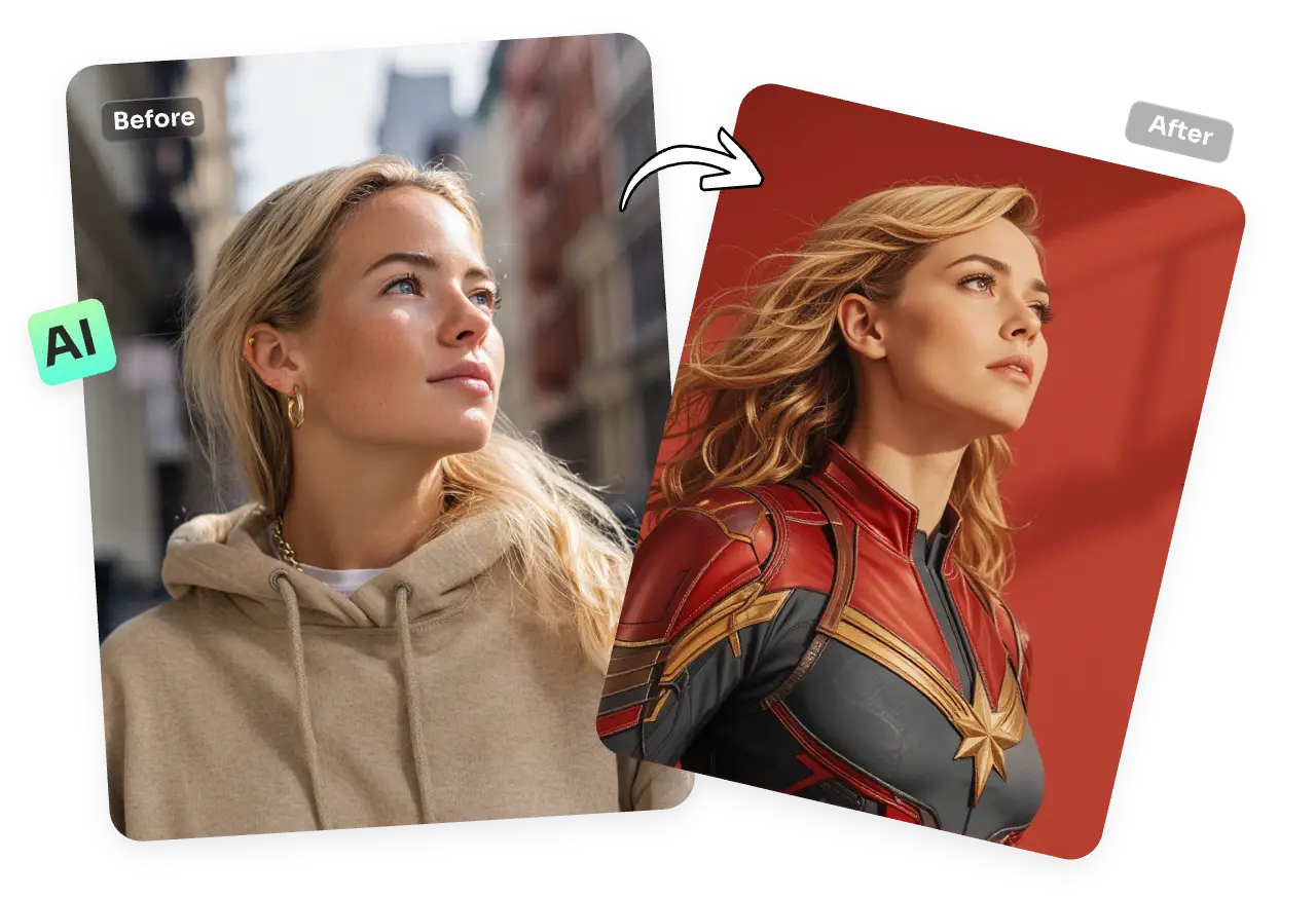 before and after images of a realistic woman portrait turning into captain marvel character