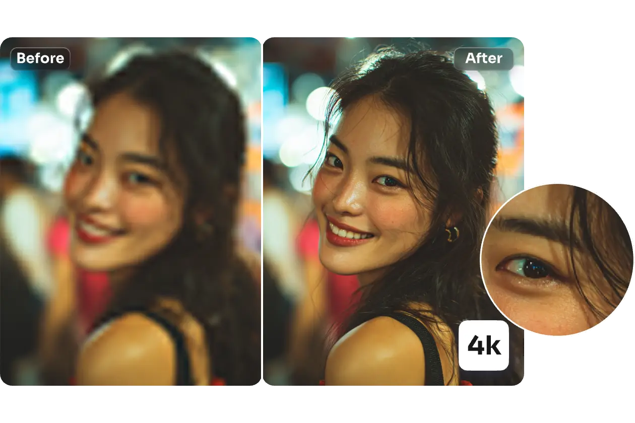 before and after images of enhancing a blurry woman looking back portrait to 4k resolution