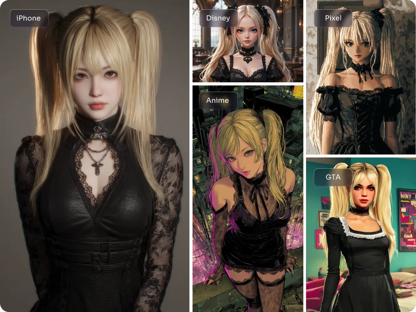 five images of a girl with two high ponytails wearing gothic dress in different five styles generated by ai ease free ai girl generator