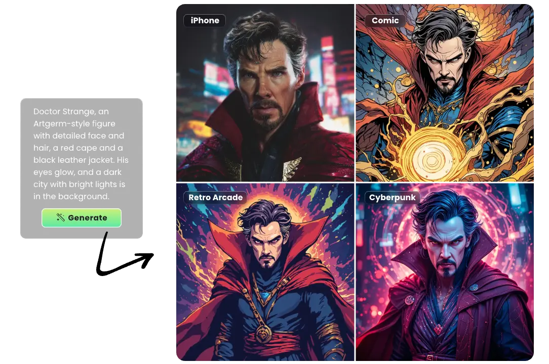 four images of doctor strange in four styles made by ai ease marvel character generator