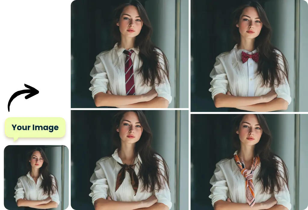 four result images of the same lady wearing a white shirt and different styles of ties generated in ai ease