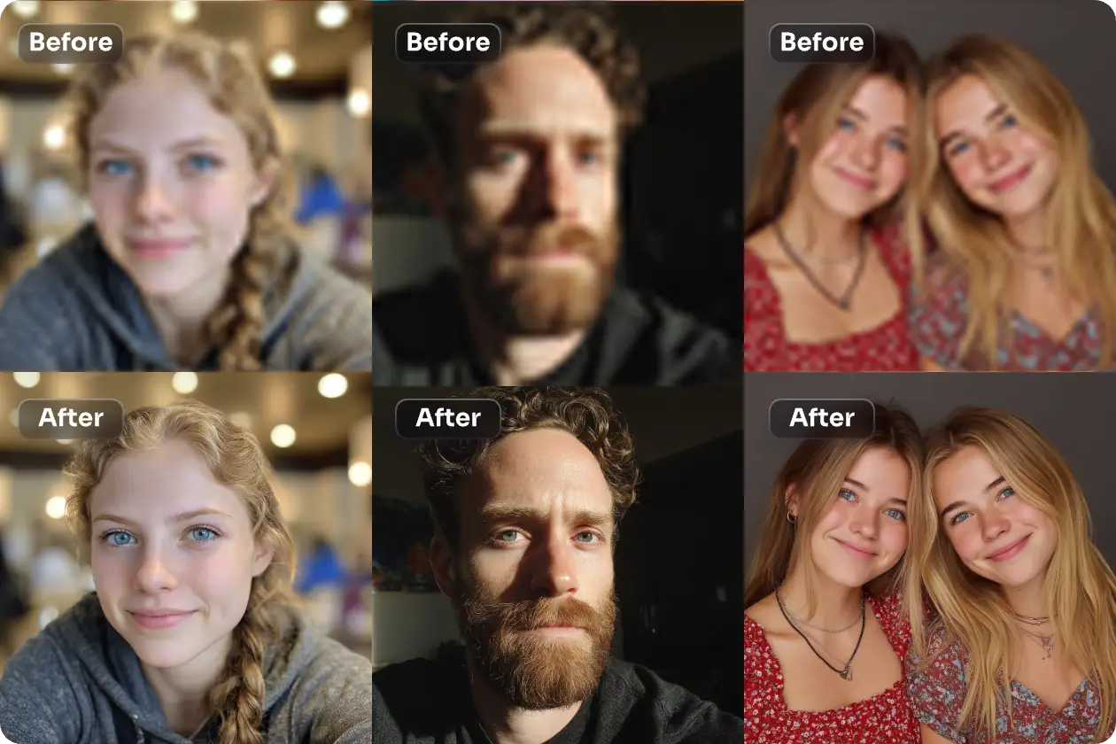 three groups of before and after comparisons of enhancing human faces to high quality