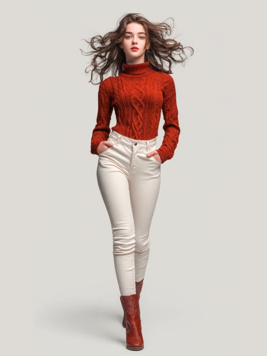 young ai generated female model presenting red streetwear on a clean yellow background