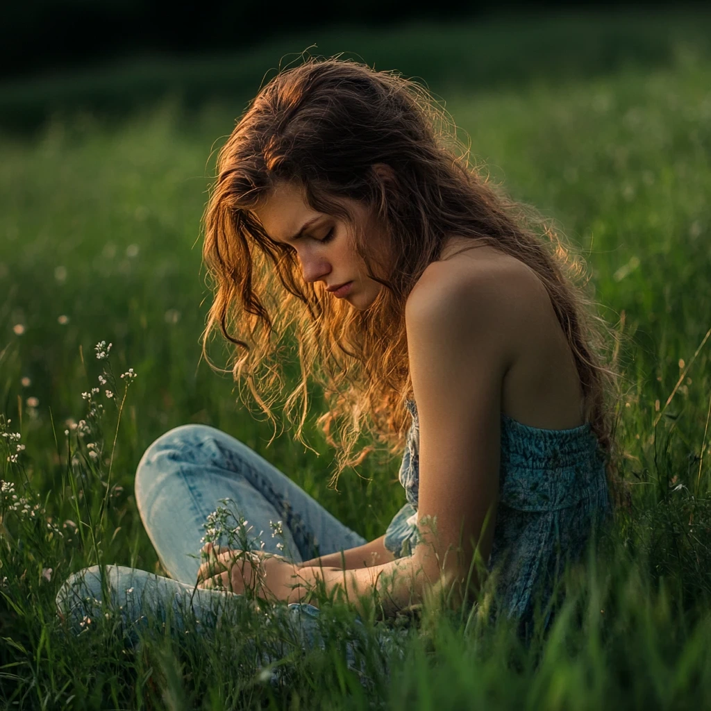 a girl with golden curly hair and a denim outfit sitting on the grass