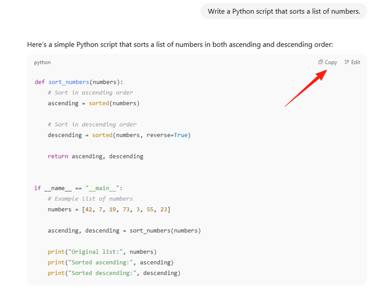 a screenshot of copying this simple Python script to sort a list of numbers