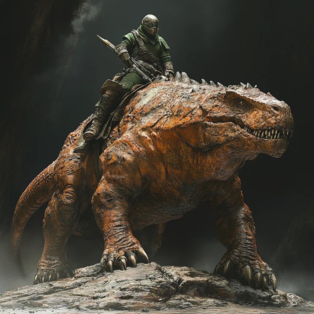 a soldier sitting on an anime style creature with grey background