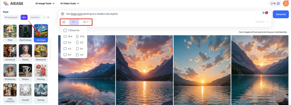a step of choosing style and settings for AI image generation