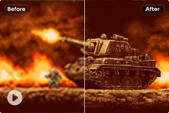 before and after contrast of a low-res clip converted to 4K resolution