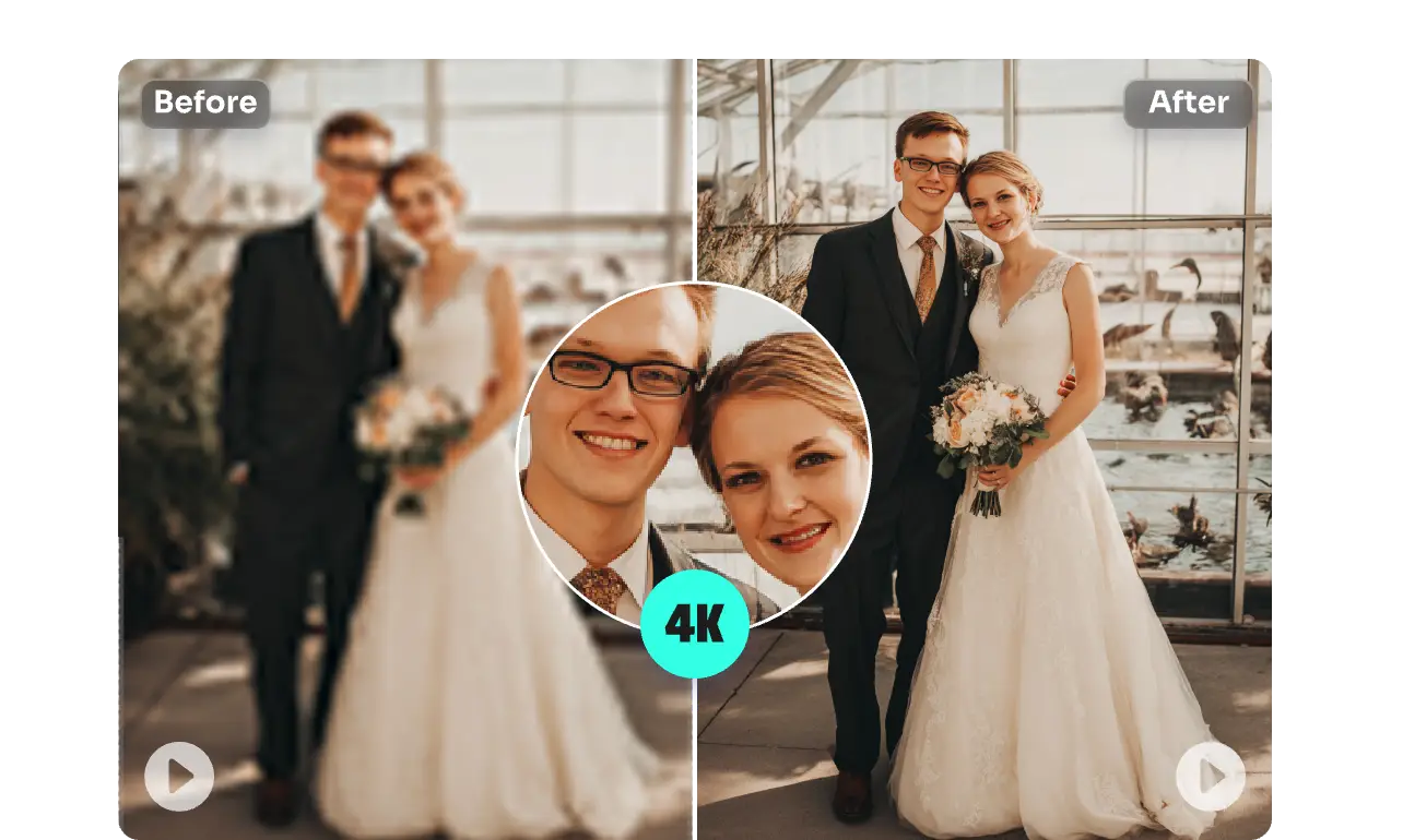 before and after contrast of a wedding video upscaling low-resolution to 4k