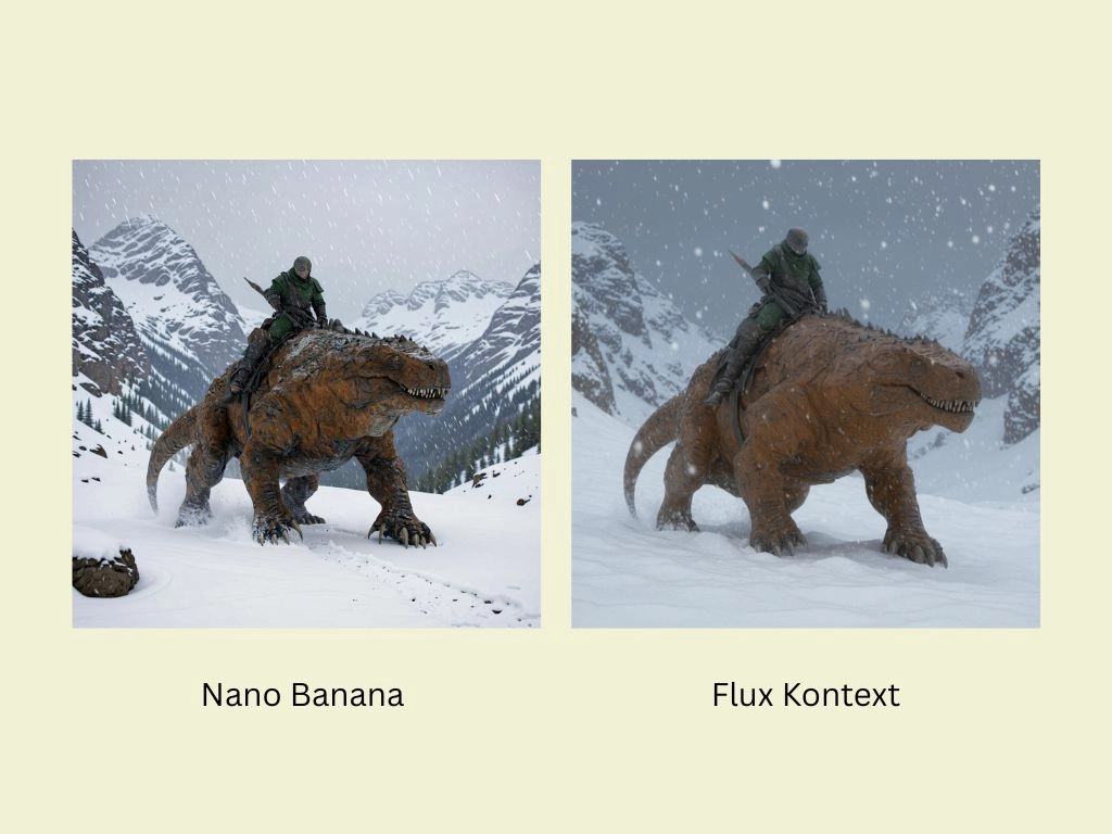 comparison of blending the creature image with a snowy scene using flux kontext and nano banana
