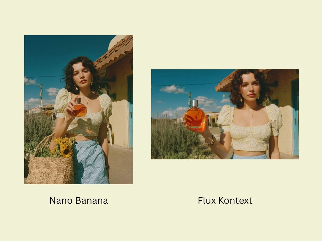 comparison of combing the perfume image and girl portrait using flux kontext and nano banana