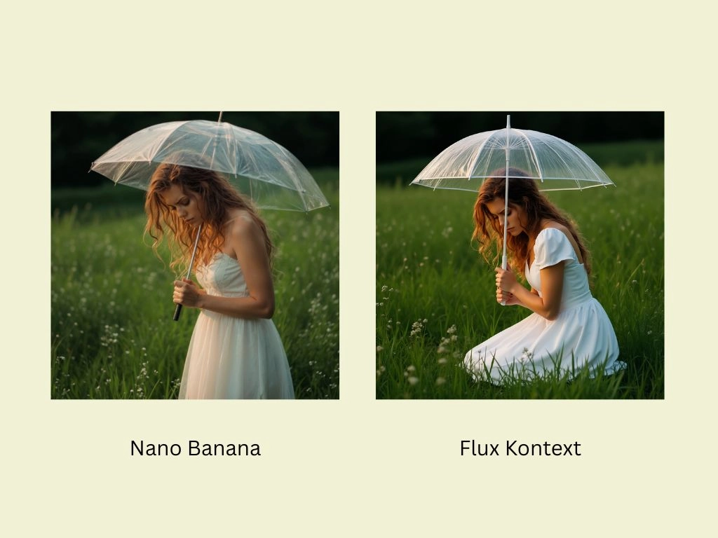 comparison of editing the girl portrait with complicated prompts using flux kontext and nano banana