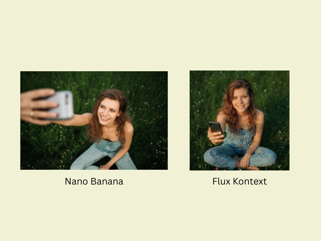 comparison of flux kontext and nano banana of editing the girl's selfie